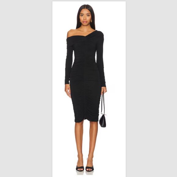 A.L.C. Dress Off Shoulder Sz L Black Ruched Stretch Jersey Midi NWT - Picture 6 of 6